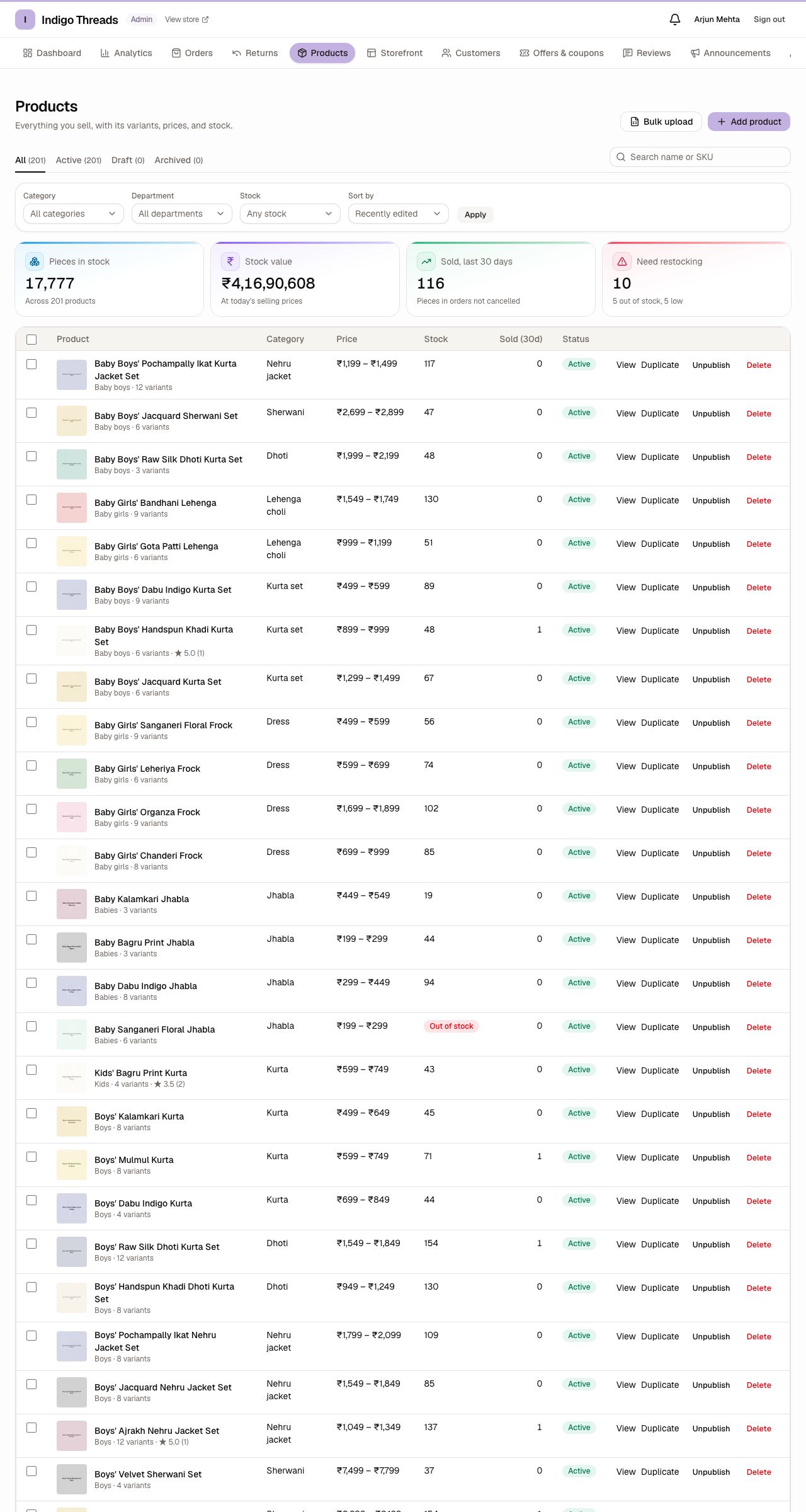 The products list with stock and sales