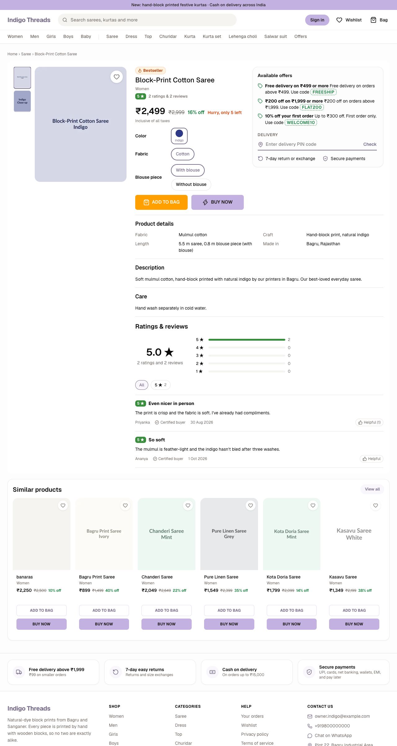 A saree's product page with colours, offers, and reviews