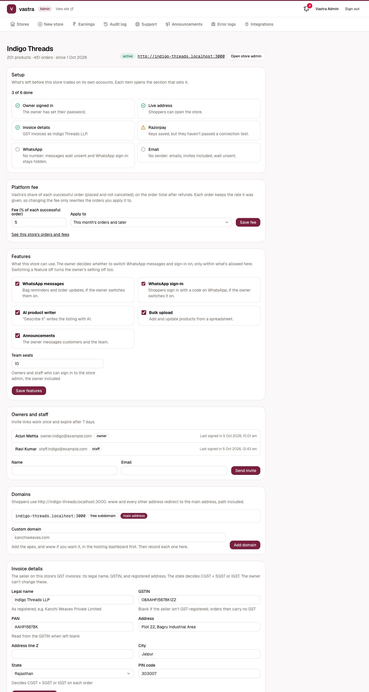 Indigo Threads' setup checklist and platform fee